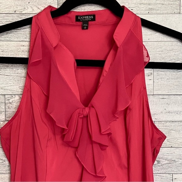 Express Elite Stretch Red Sleeveless  Ladies Jabot Top with Sheer Front Ruffle - Picture 3 of 13